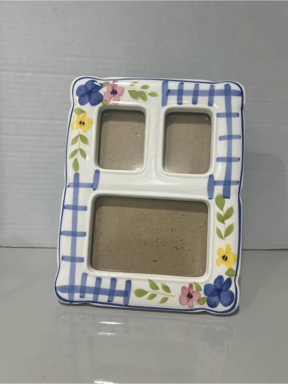 Ceramic Triple Photo Frame 8x6 Blue Plaid Floral Collage Cottage Decor